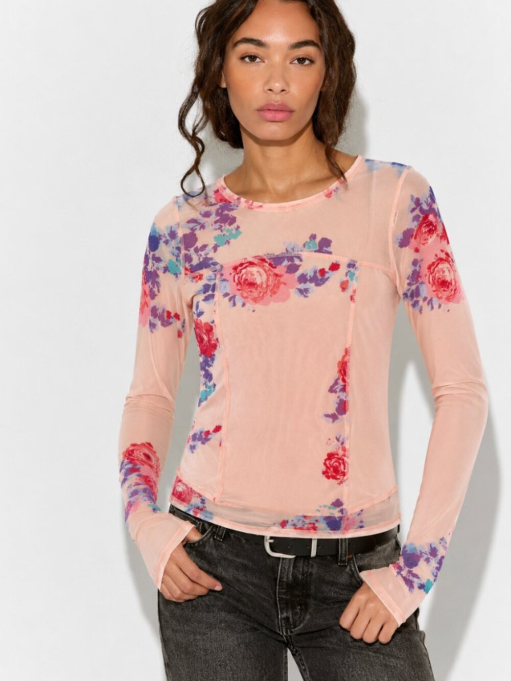 FREE PEOPLE MESH FLORAL LONG SLEEVE TOP
